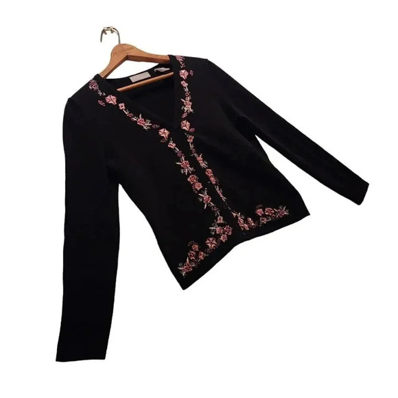 Kate Hill Cardigan Sweater Womens Petite PXS Black Embroidery VNeck Button Front - Picture 4 of 7